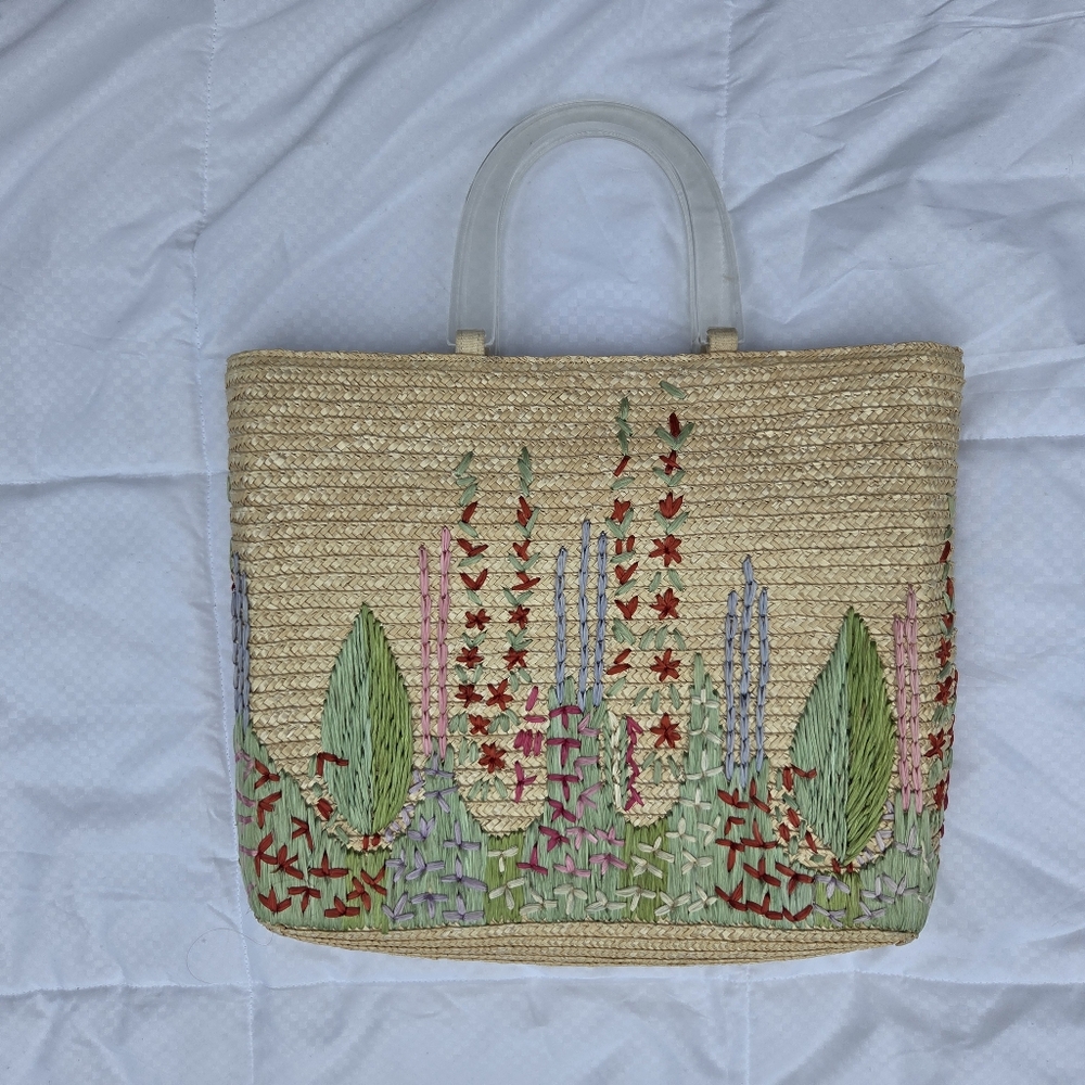 Lulu Guinness Floral Embroidered Straw Tote Bag